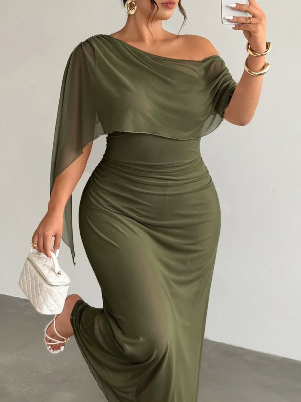 Army Green Party Women's Asymmetrical Ruched Zipper Fitted Long Dress